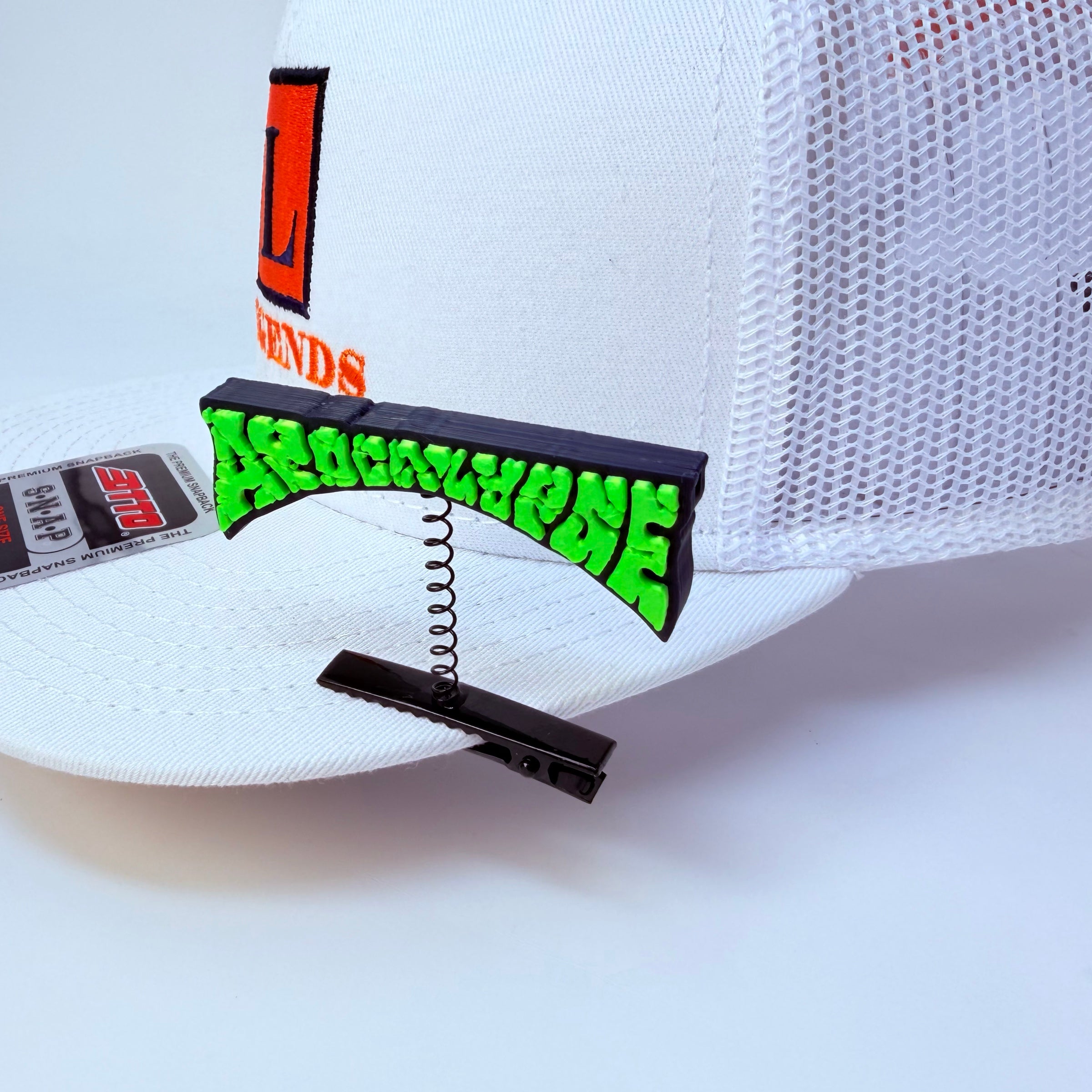 Apocalypse rave sprout green — EDM bass music festival hair clip accessory clipped to brim of white hat