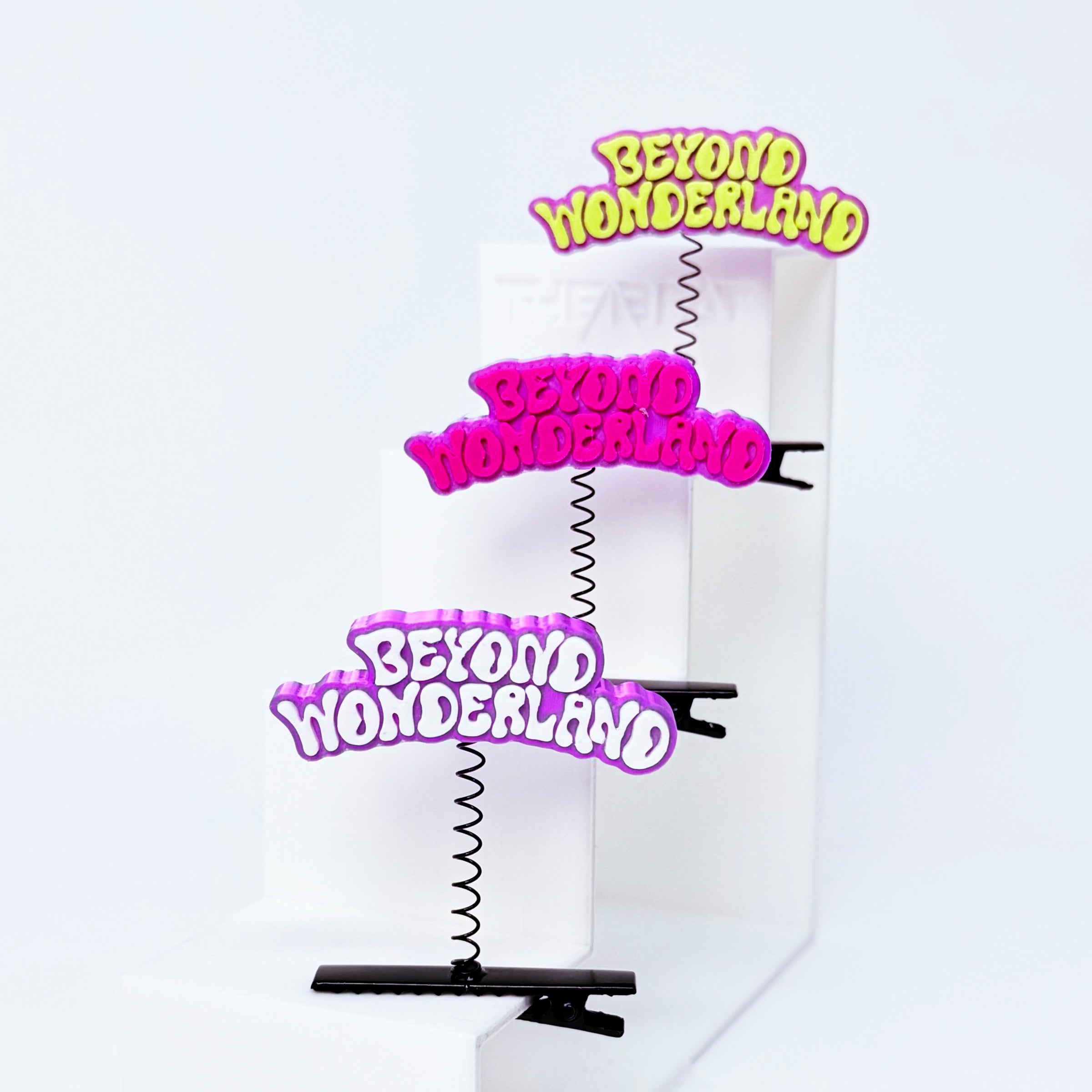 Beyond Wonderland Rave Sprout all three colorways – Pink & Pink, Purple & Yellow, Purple & White 3D printed festival hair clip spring clip rave accessory