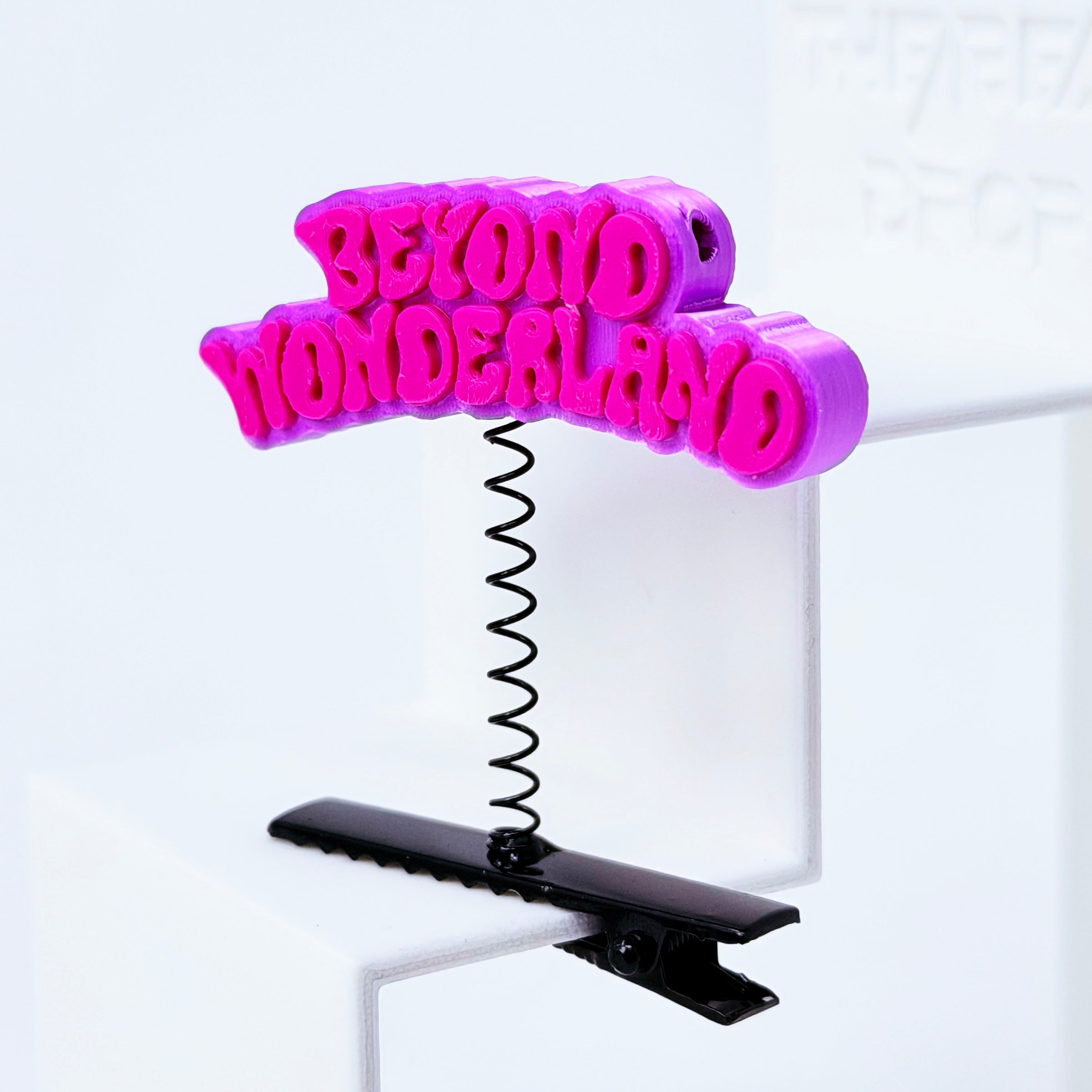Beyond Wonderland Rave Sprout – Pink & Pink side angle view showing bead hole kandi bracelet conversion feature, purple and hot pink 3D printed rave sprout spring clip