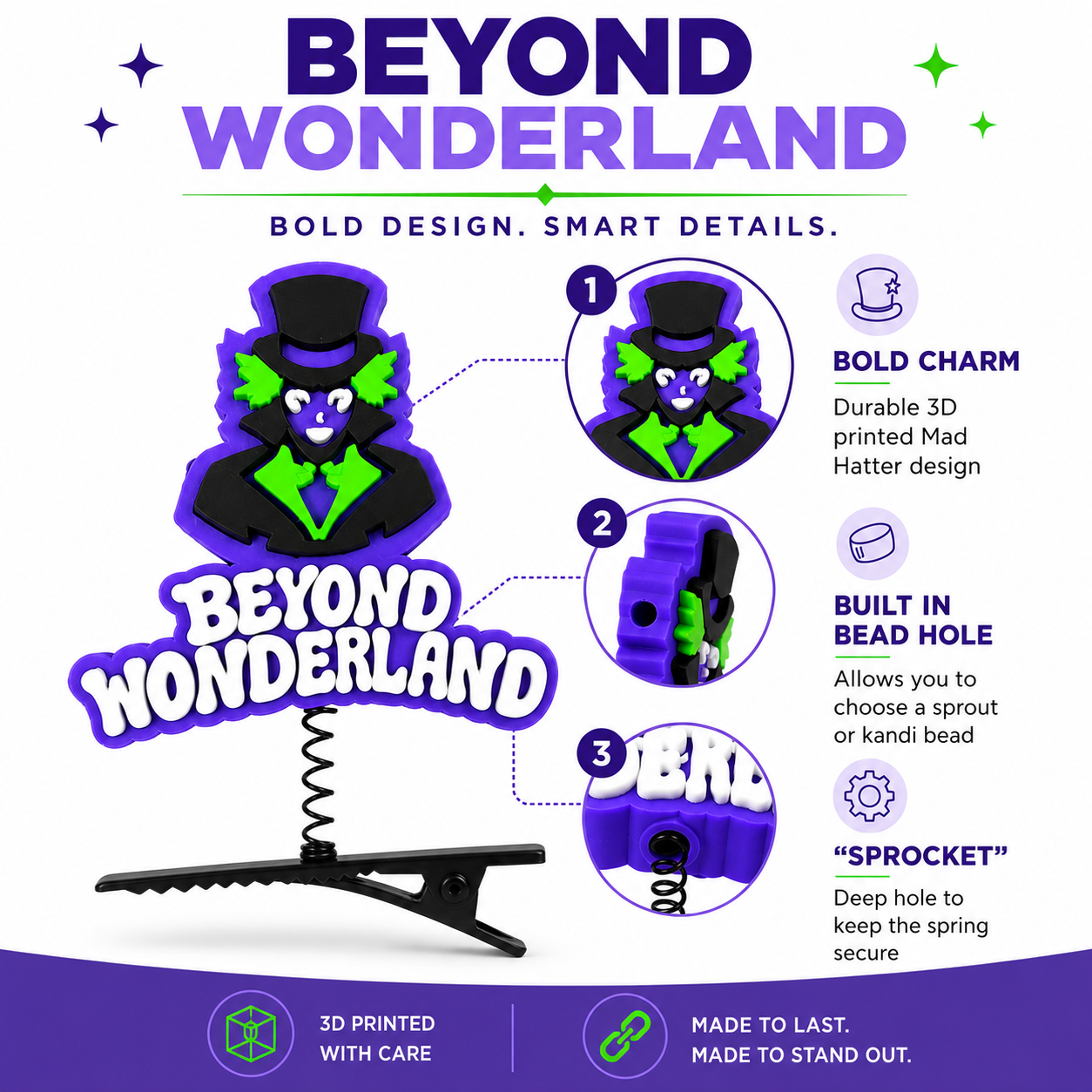 Beyond Wonderland Sprout Clip | Mad Hatter Rave Sprout | Purple White and Black Festival Accessory