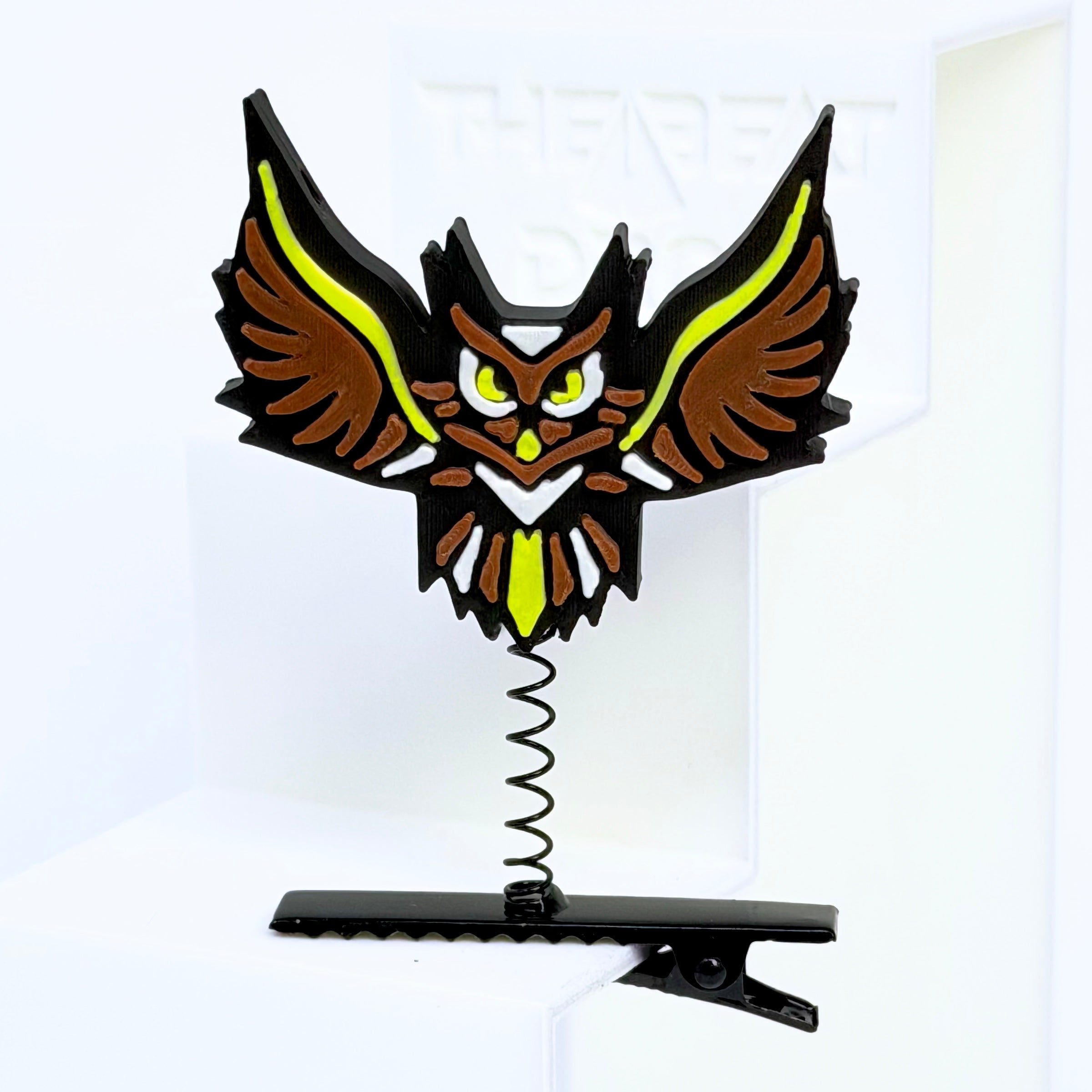 Sherwood Forest owl rave sprout front view – Electric Forest EDM festival hair clip and kandi charm accessory with black metal spring clip