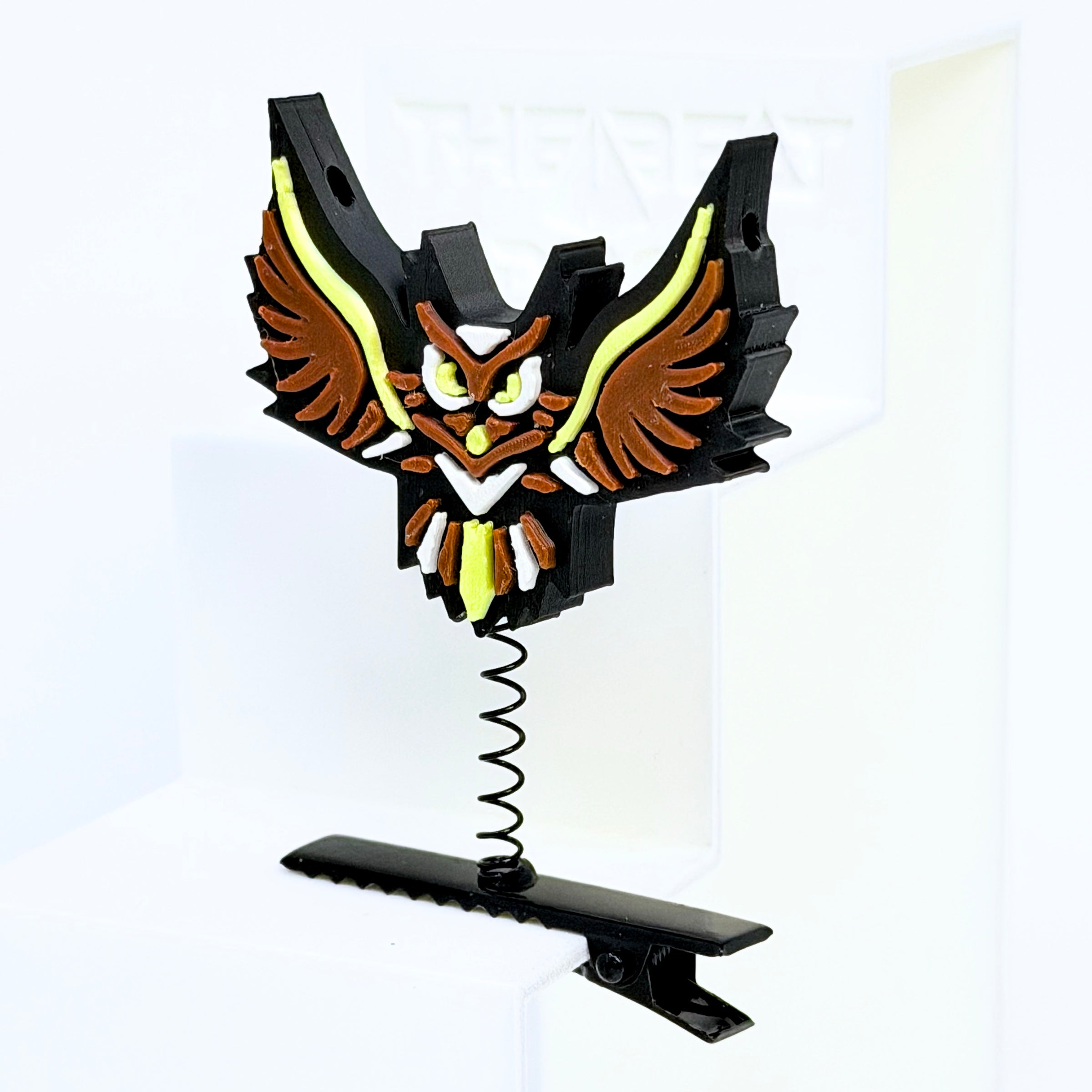 Electric Forest owl rave sprout side angle – 3D printed Sherwood festival hat clip with black metal spring clip and multi-color owl design