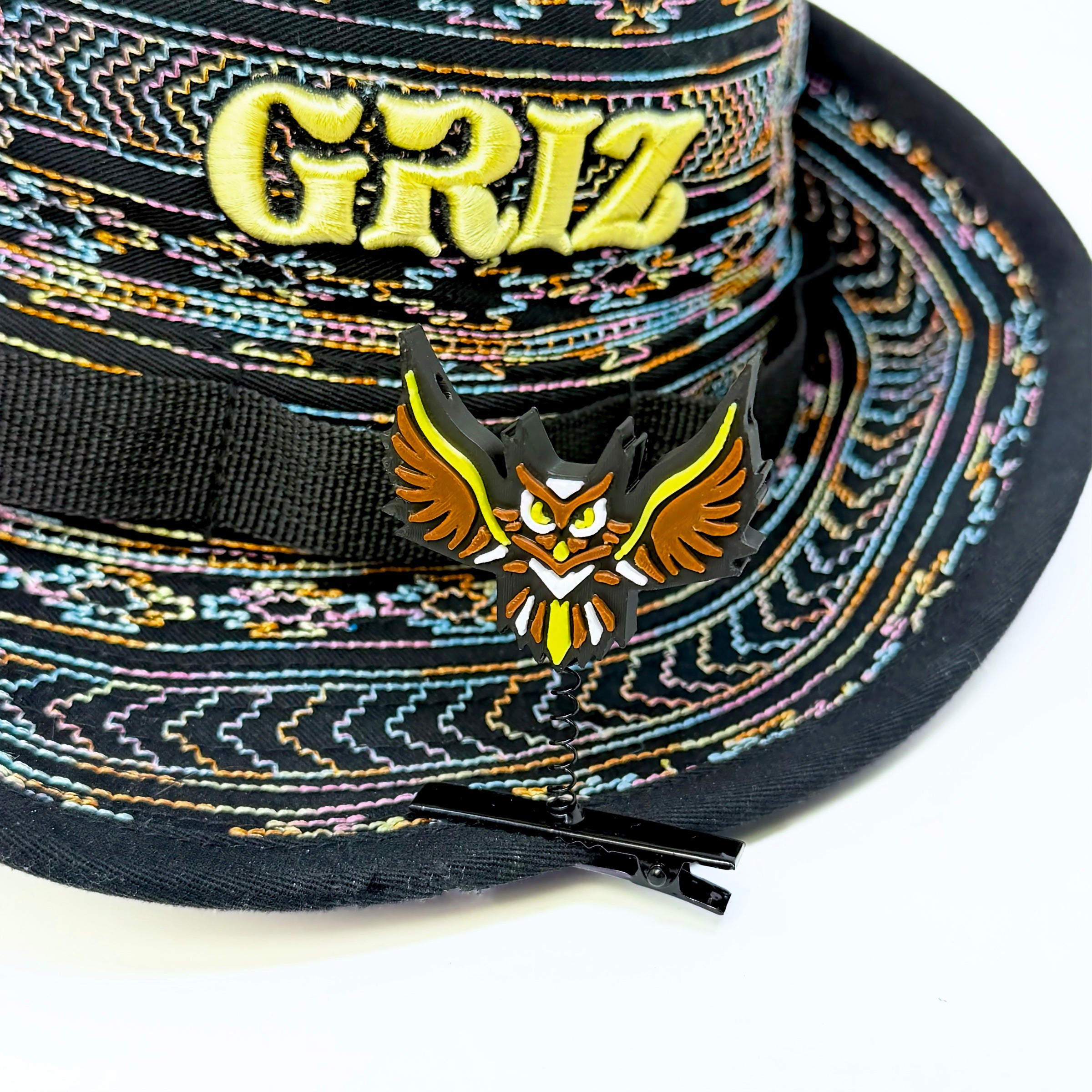 Electric Forest Sherwood Forest owl rave sprout clipped to GRiZ festival hat – EDM music festival hair clip shown on rave hat brim