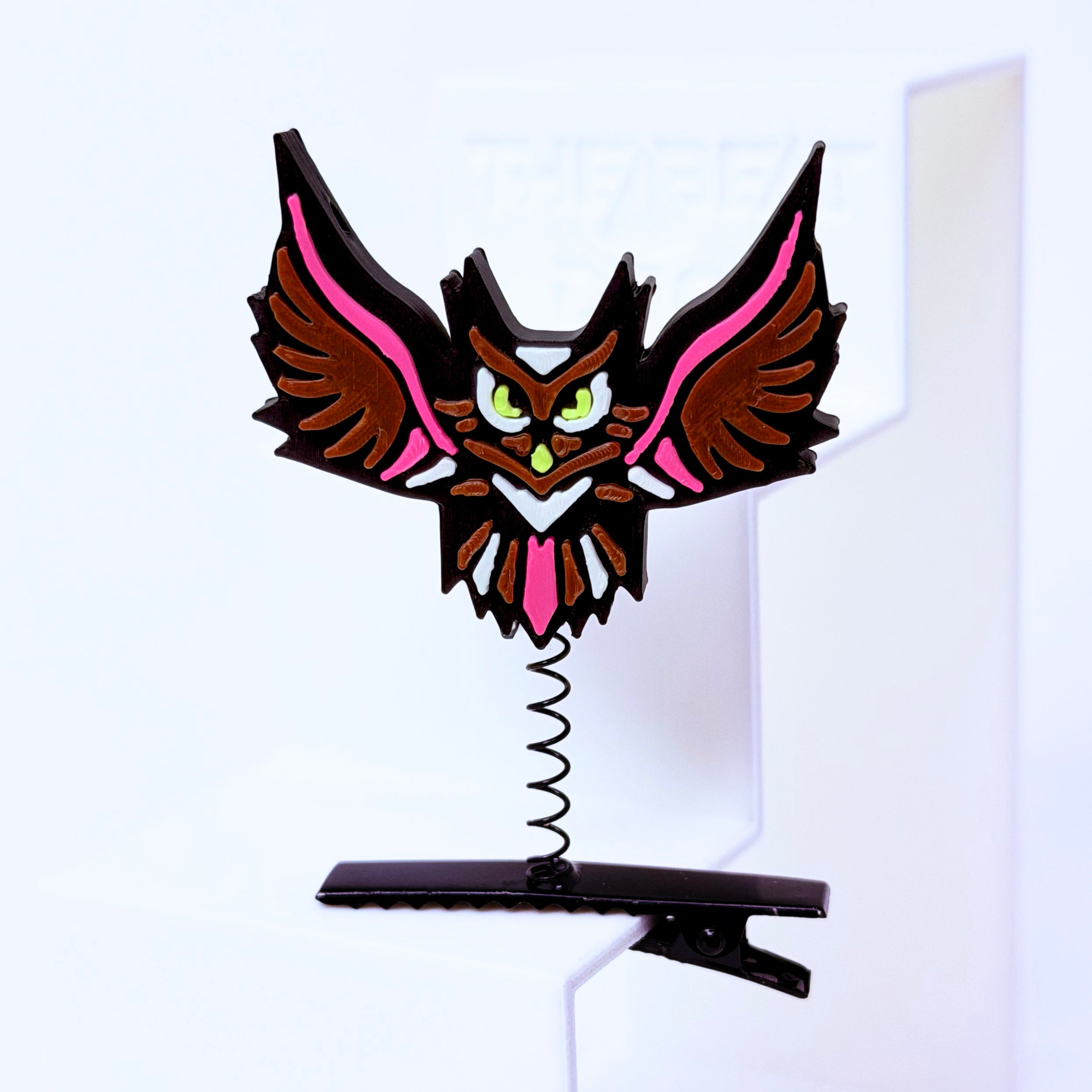 Electric Forest owl rave sprout – 3D printed Sherwood festival hat clip with black metal spring clip and multi-color owl design with pink accent