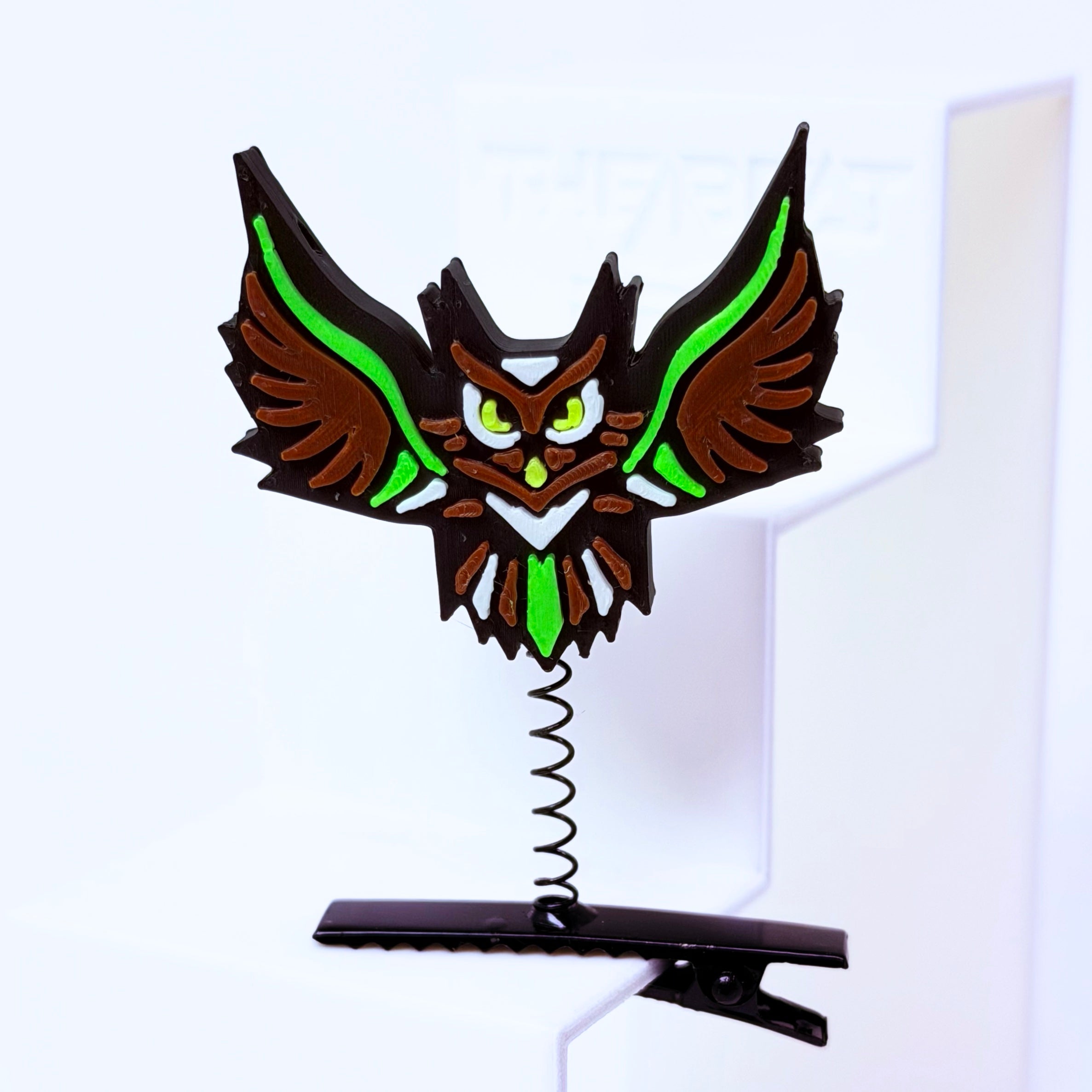 Electric Forest owl rave sprout – 3D printed Sherwood festival hat clip with black metal spring clip and multi-color owl design with green accent