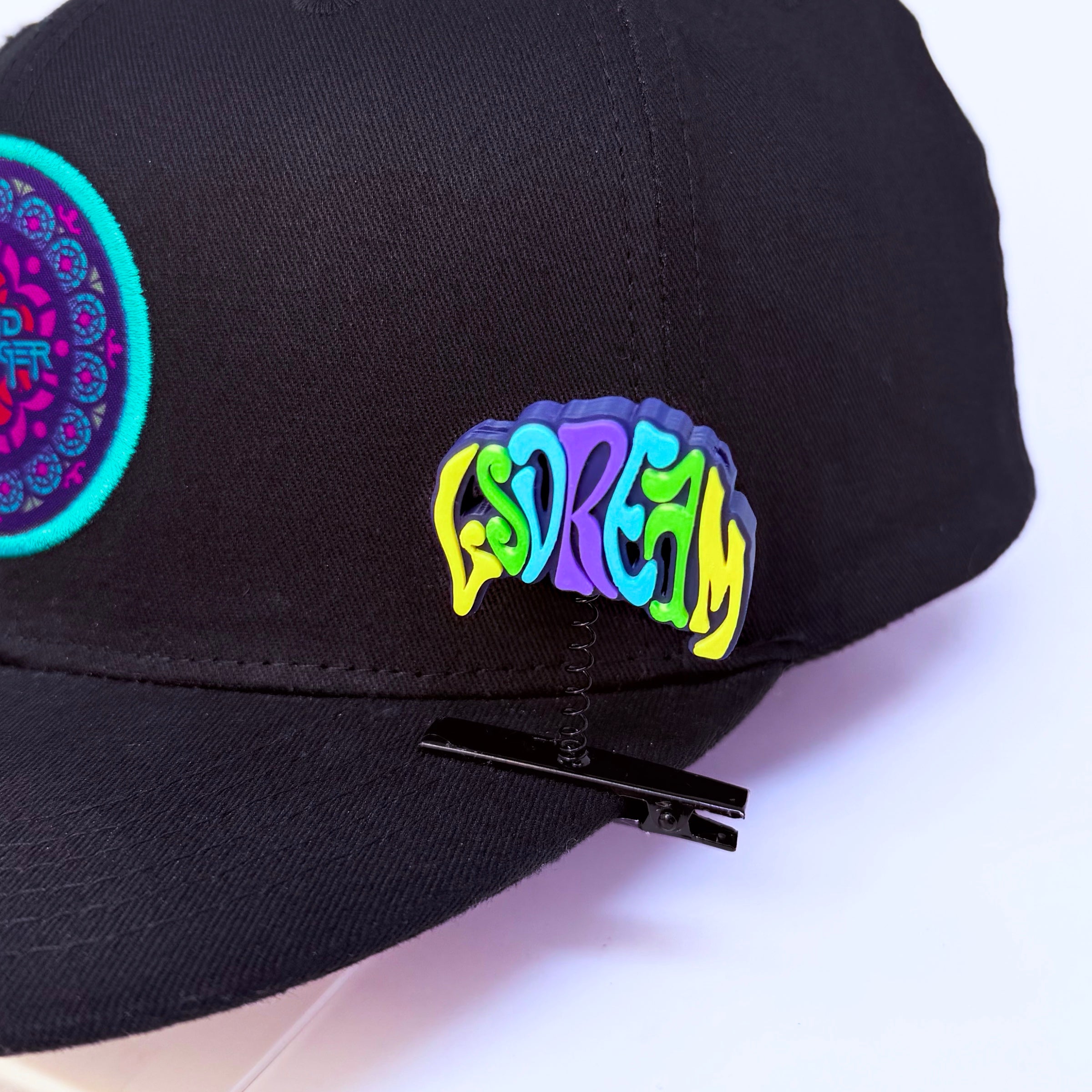 LSDream psychedelic rave sprout dark blue  — EDM festival hair clip accessory clipped on brim of black festival hat