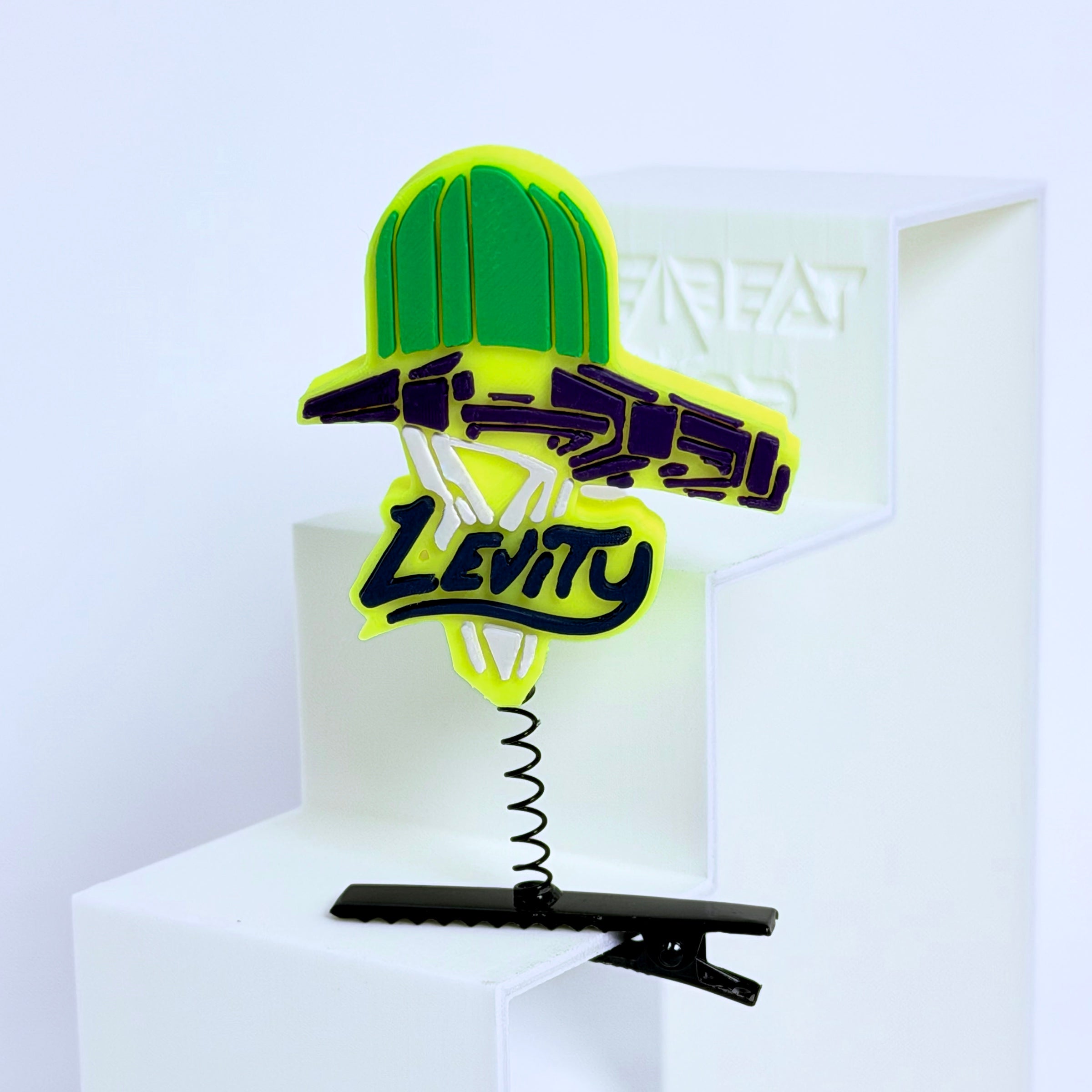 Yellow Levity Lasership rave sprout — fan-inspired 3D printed festival hair clip with metal spring clip, featuring Levity lasership design